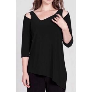 Sympli Focus Tunic Top - 4 Black Stretch Asymmetrical Hem, Cut-Out Cold Shoulder